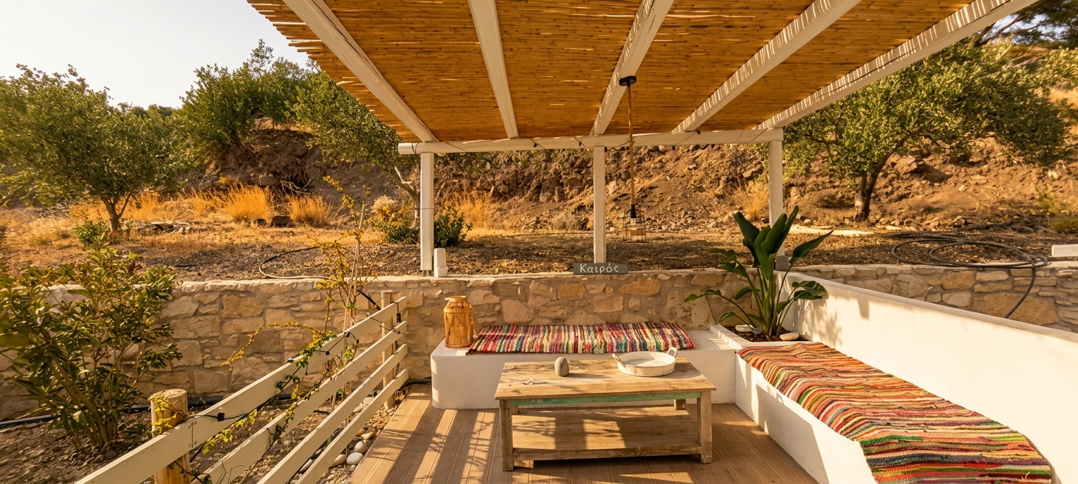 Terrasse ombragée avec banquettes